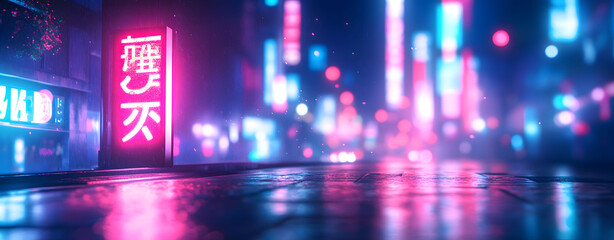 Vibrant neon signs illuminate the night, casting a glowing purple and blue light over a dazzling club party design with motion and bright disco illustration
