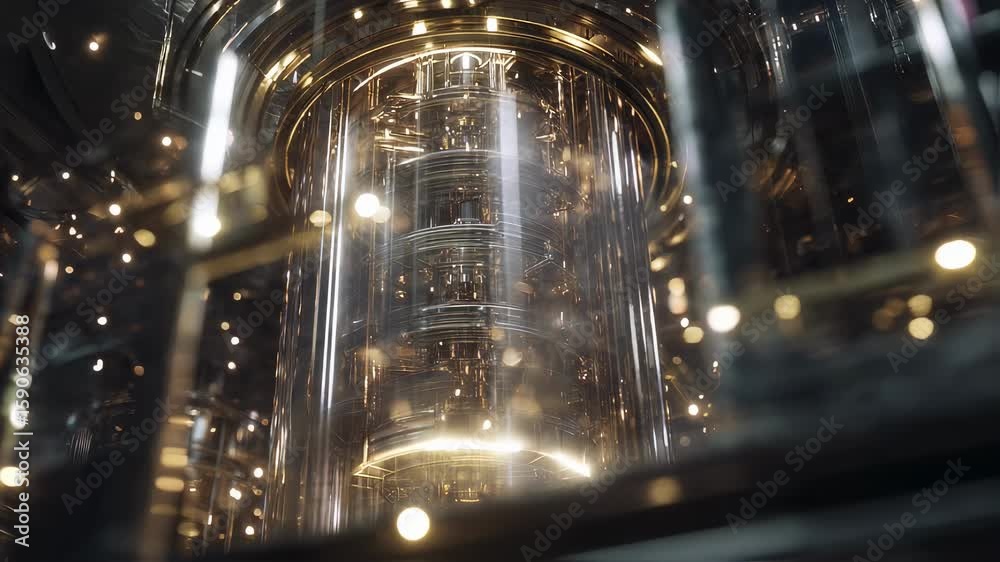 Poster complex quantum computing core glowing brightly, processing data within a futuristic laboratory envi