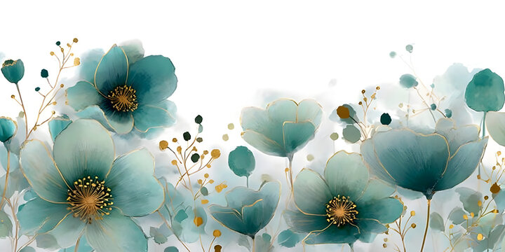 A delicate watercolor floral design featuring teal flowers with gold accents on a white background.