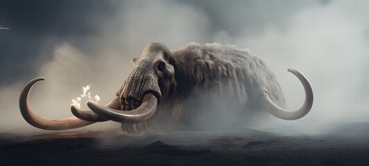 a light mammoth skeleton , coming out of the smoke,ai generative