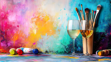 art and wine night banner with paintbrushes wine glasses and creative splashes of color ready to advertise summer sip and paint deals,