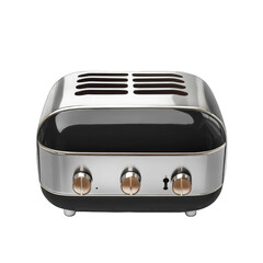 Fototapeta premium A retro-styled, compact audio device with a sleek, black and silver finish, featuring a metallic grill and three control knobs. It has a curved top and a slightly raised base
