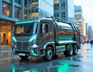Futuristic Garbage Truck with High-Tech Design, LED Accents, and Sleek Metallic Finishes in Modern Cityscape