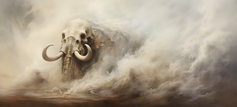 a light mammoth skeleton , coming out of the smoke,ai generative