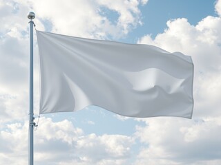A white flag waving gently in the wind against a backdrop of a cloudy blue sky on a metal pole