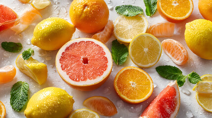 Fresh Citrus Fruits on White Background with Mint Leaves and Waterdrops