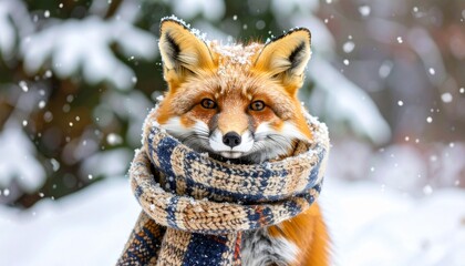 Obraz premium A tiny fox wrapped in a scarf, snow gently falling