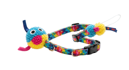 Colorful pet collar with attached toy bird and pom-poms, designed for playful interaction.