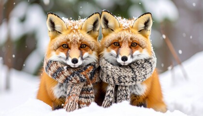 Obraz premium A tiny fox wrapped in a scarf, snow gently falling