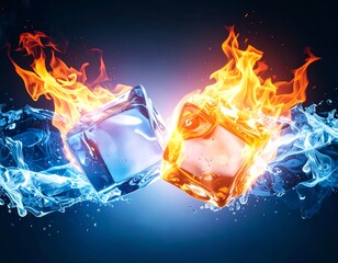 Two ice cubes, one ablaze in orange flame, the other in blue icy spray, clashing against a dark backdrop