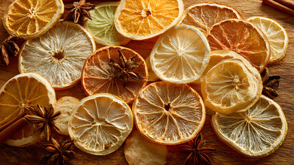 Dried Citrus Slices and Spices on Wooden Surface for Decoration
