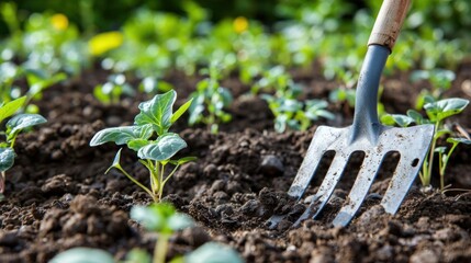 Gardening Tool in a Garden Bed