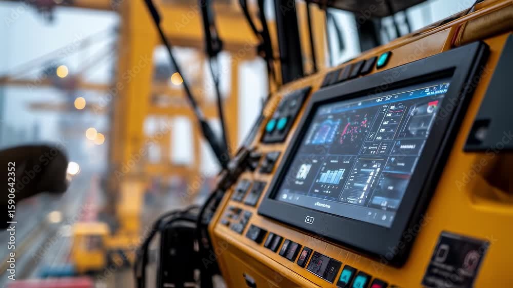 Poster modern technology enhancing efficiency and productivity in a bustling port terminal, with a sophisti
