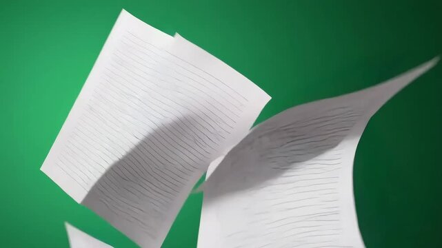 Pages of paper flying in the air against a vibrant green background with ai generated