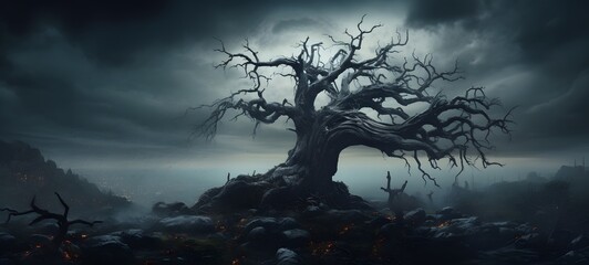 A haunted gothic treants perched on a wind-swept hill, highly detailed ,ai generative