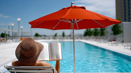 Relaxing by the pool on a sunny day while reading a captivating book under a red umbrella