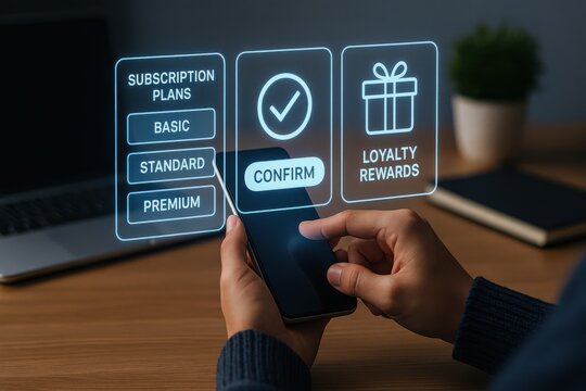 User Selecting Subscription Plan and Loyalty Rewards on Smartphone Interface with Digital Confirmation
