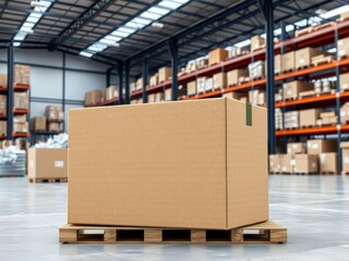 A large cardboard box on a wooden pallet in a warehouse with shelves full of boxes in the background