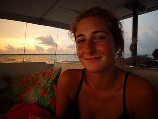Smiling young woman relaxing on a boat during sunset by the ocean in a warm tropical environment