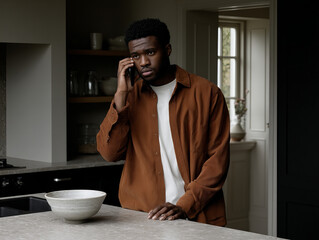 Man talking on the phone in a modern kitchen while standing near a bowl on the countertop and appearing thoughtful during the afternoon