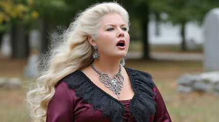 Woman in historical costume singing outdoors at a gravesite during fall season event