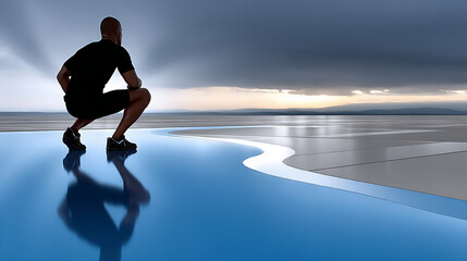 Individual contemplates the horizon on a scenic, reflective surface during twilight hours near a calm water edge