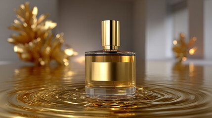 Elegant perfume bottle with golden accents resting on reflective surface creates captivating visual in modern setting