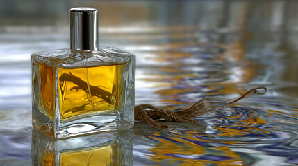 Glass bottle of amber liquid with a decorative charm resting on a reflective surface showcasing intricate patterns and colors