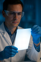 Scientist examines glowing sample in laboratory at night with focused attention and safety gear