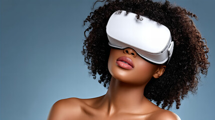 Woman experiences virtual reality with a modern headset in a studio setting during a creative photo session