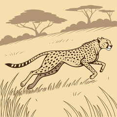 A cheetah leaping across a savannah landscape with sparse trees and tall grass in a sepia toned image