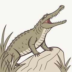 Fototapeta premium Illustration of a gharial with its mouth open standing on a rock surrounded by tall grass blades