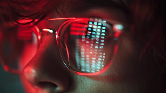 Close up face with glasses reflecting digital code in red light showing intense focus and zero day error in low light setting