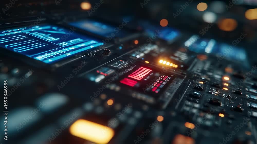 Poster futuristic control panel with illuminated displays and buttons, generating sparks and displaying dat