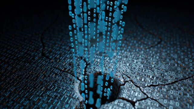 Digital binary code and data forming cracked surface with zero and one pieces fitting perfectly dark day futuristic technology
