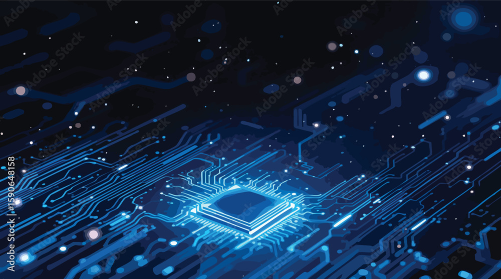 Poster digital processor chip with glowing circuitry and abstract data flow in blue tones.