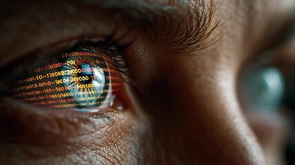 Close up of human eye with digital code reflection showing cyber security and zero day data concept in intense detail and focus
