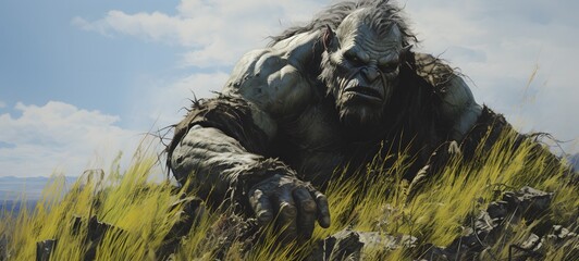 Fototapeta premium A haunted gothic High Ogre perched on a wind-swept hill ,ai generative