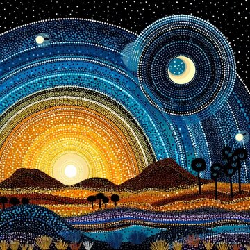 Australian Aboriginal dot painting style art video of a dreamtime story of a night sky.