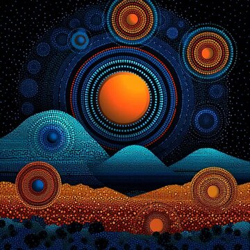 Australian Aboriginal dot painting style art video of a dreamtime story of a night sky