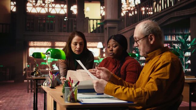 Actors group in library prepare for a dramatic theatre role play, focused on dialogue memorization and script study. People working on delivering the best classic drama performance. Camera A.