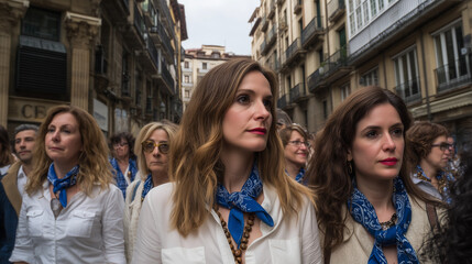 Women Wearing Blue Scarves During Fiesta de la Virgen Blanca Religious Street Procession in Vitoria-Gasteiz