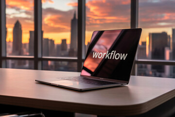 A MacBook laptop sits on a wooden desk in front of floor-to-ceiling windows overlooking a city skyline at sunset. 