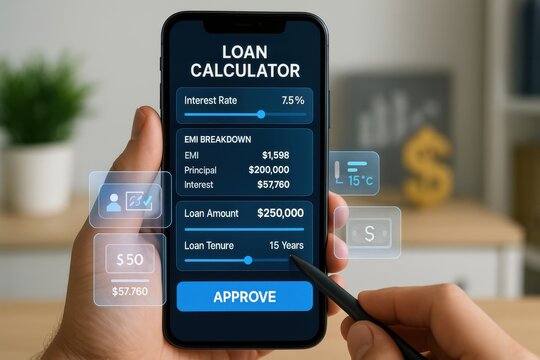 Hand Using Smartphone Loan Calculator App Showing Interest Rate, EMI Breakdown and Loan Approval Button
