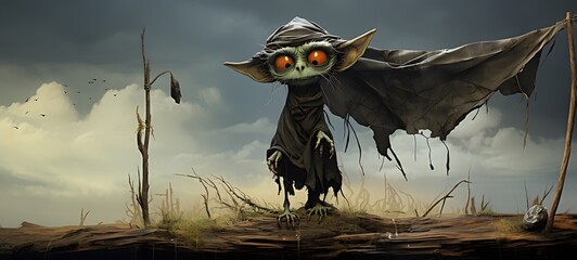 A haunted gothic HubGoblin perched on a wind-swept hill ,ai generative
