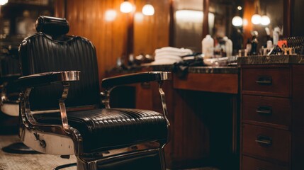 Barber shop scene highlighting hairstyling tools in warm ambient light.

