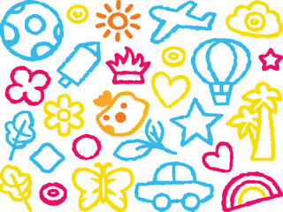 Colorful Hand-Drawn Doodle Collection of Various Shapes and Objects