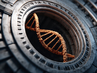  detailed 3D rendering of a DNA double helix inside a metallic, industrial circular frame, symbolizing the fusion of biology and technology.