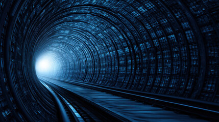  futuristic tunnel illuminated with blue digital patterns, showing a railway track leading to a bright light at the end, symbolizing technology and progress.