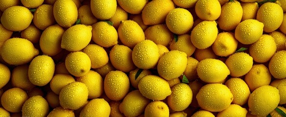 Close up of fresh lemons covered in water droplets, forming a textured and vibrant yellow background, ideal for food and beverage concepts
